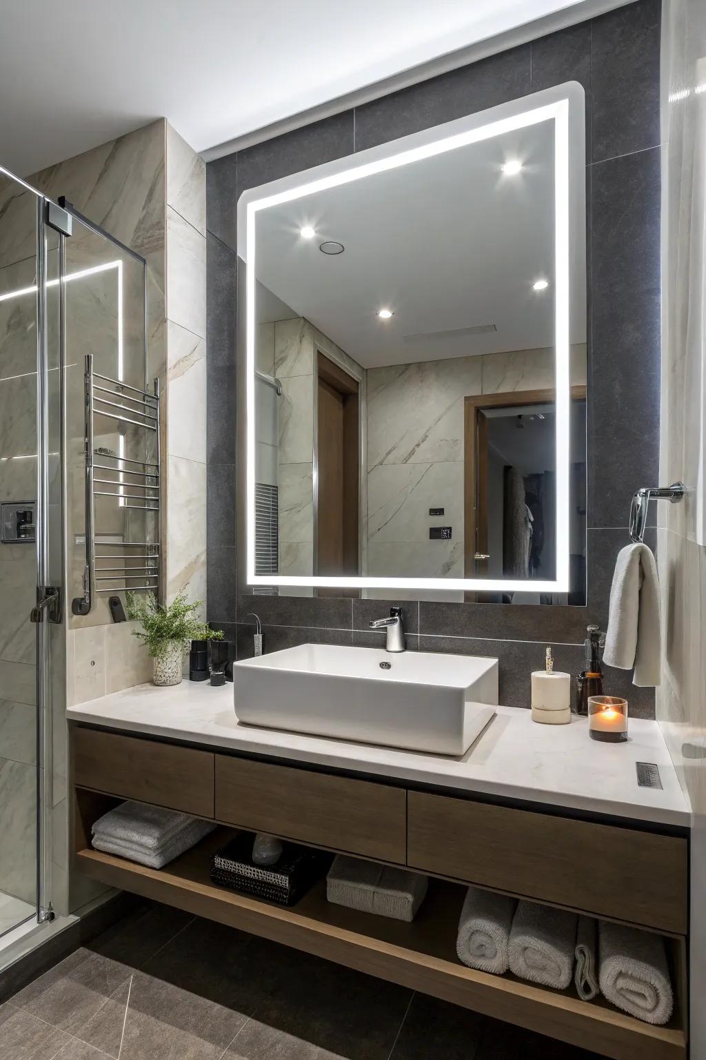 A rectangular LED mirror enhancing the modern aesthetic of the bathroom.