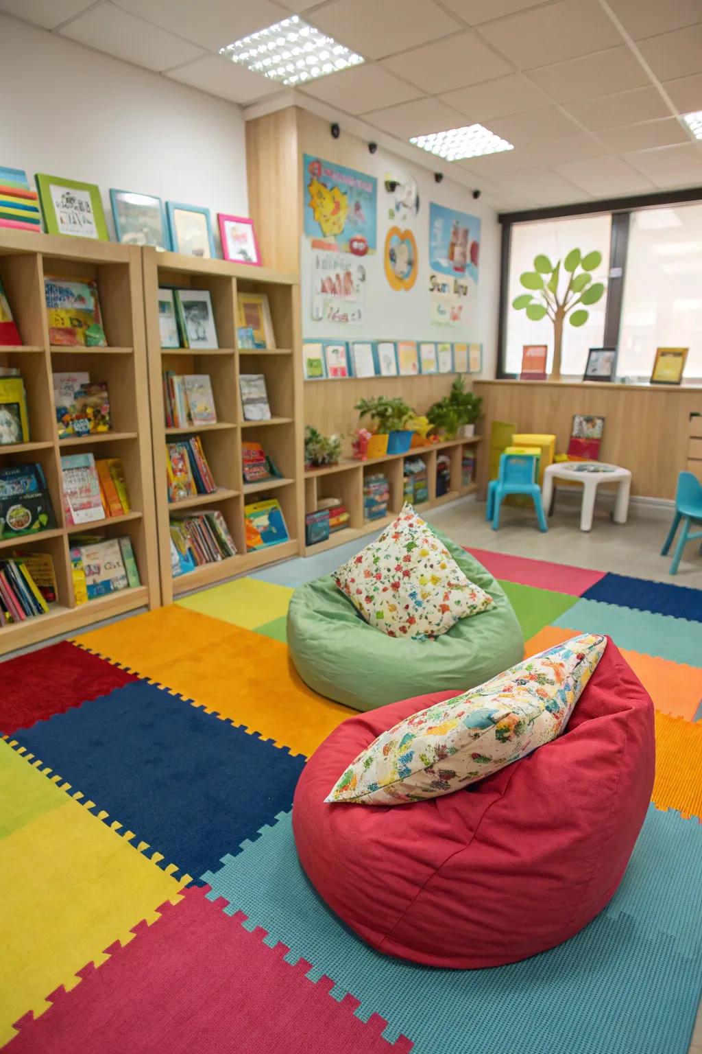 A playful children's reading area with vibrant, small-scale furniture.