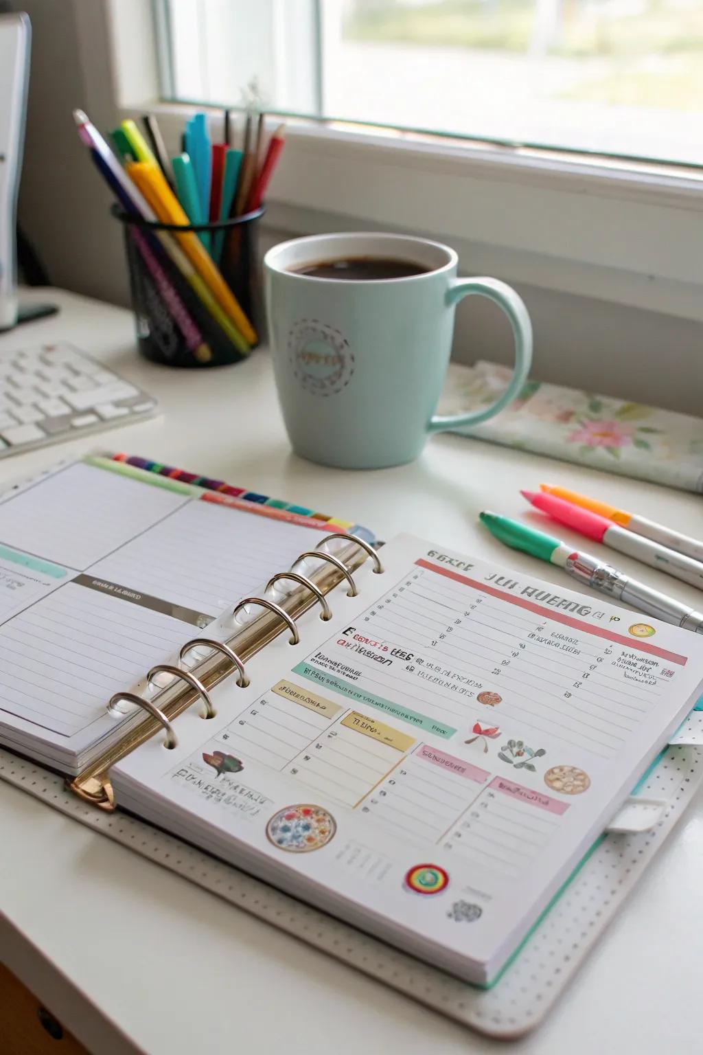 A weekly planner helps keep track of daily and weekly tasks.