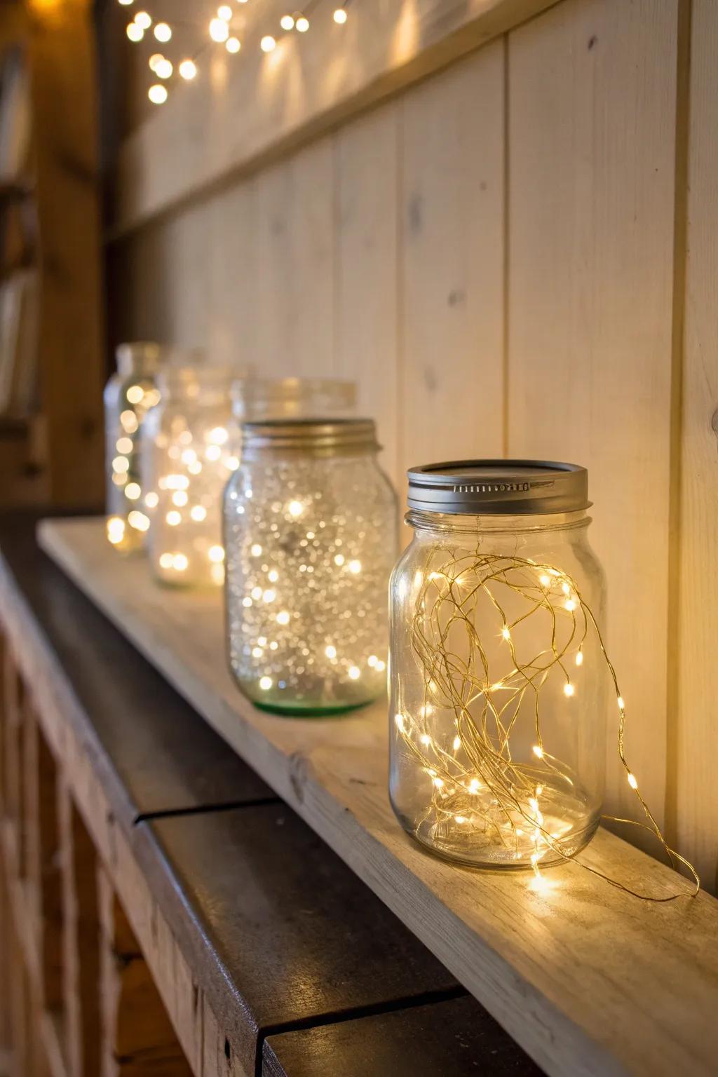 Charming mason jar luminaries adding warmth to a room.