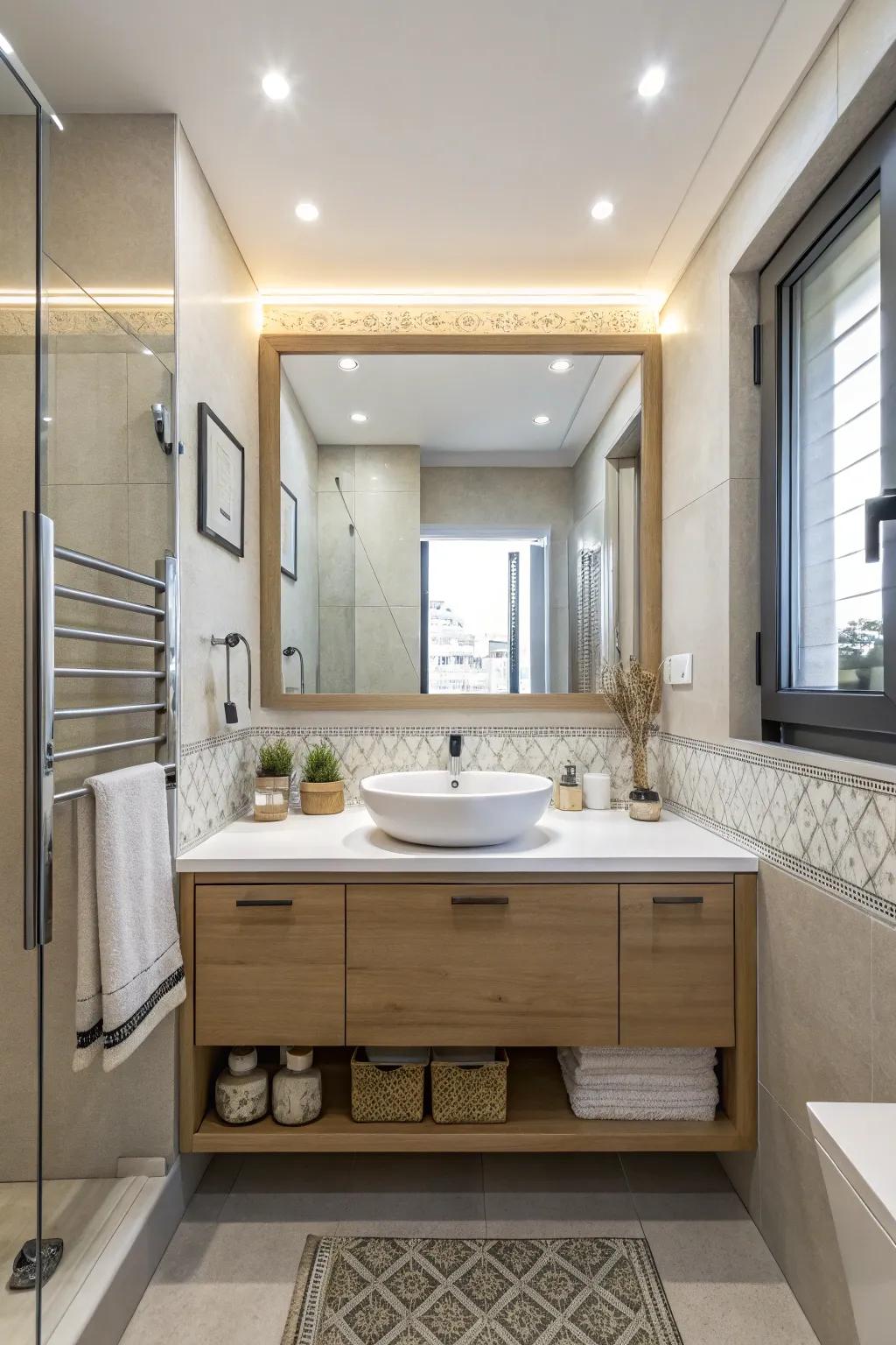 Large mirror amplifying space in a compact bathroom.