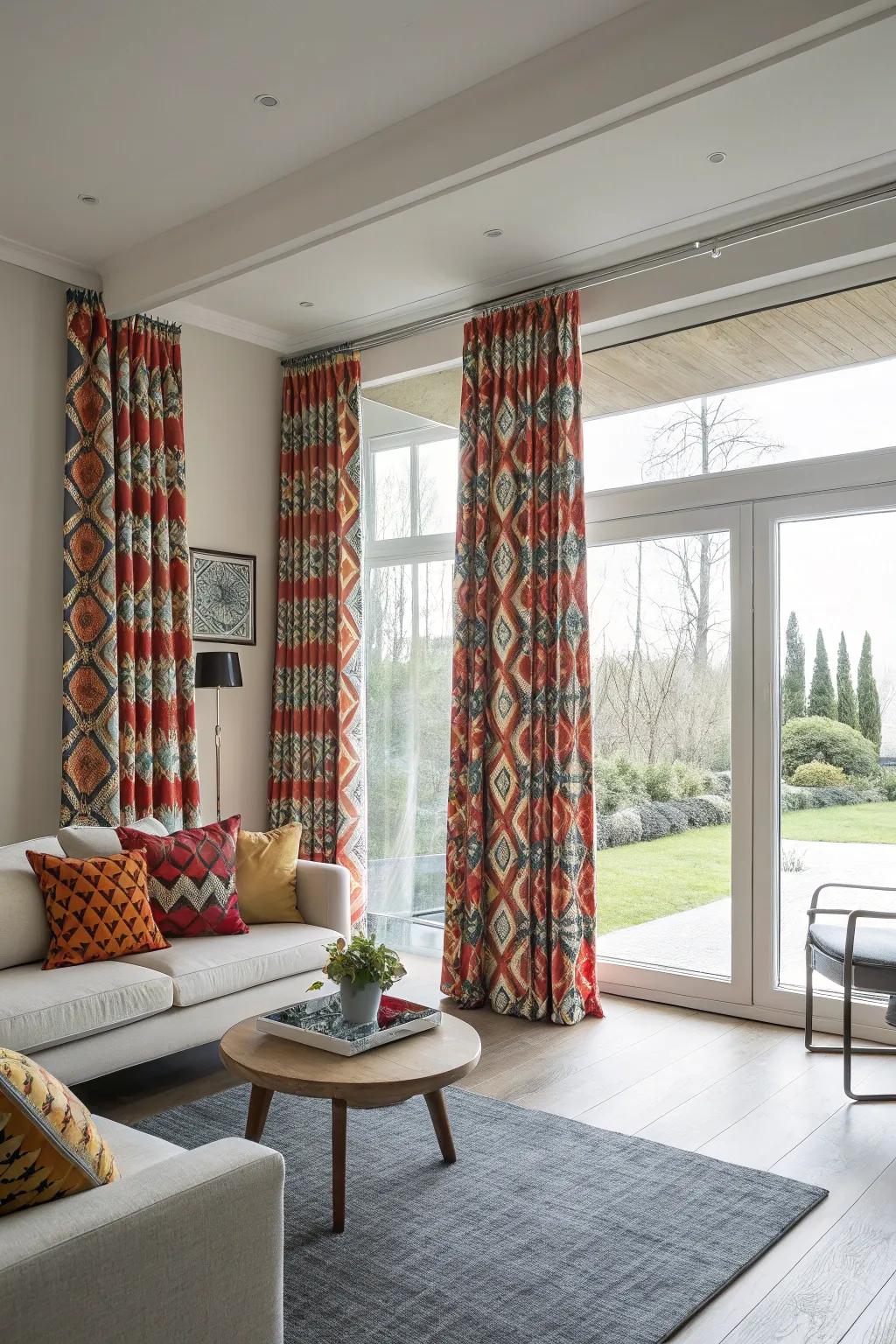 Bold patterned curtains can serve as a striking focal point in your living room.