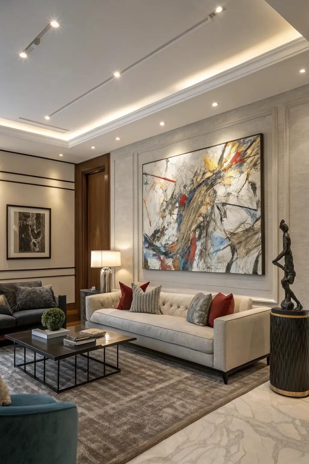 Artistic elements adding personality to a living room.