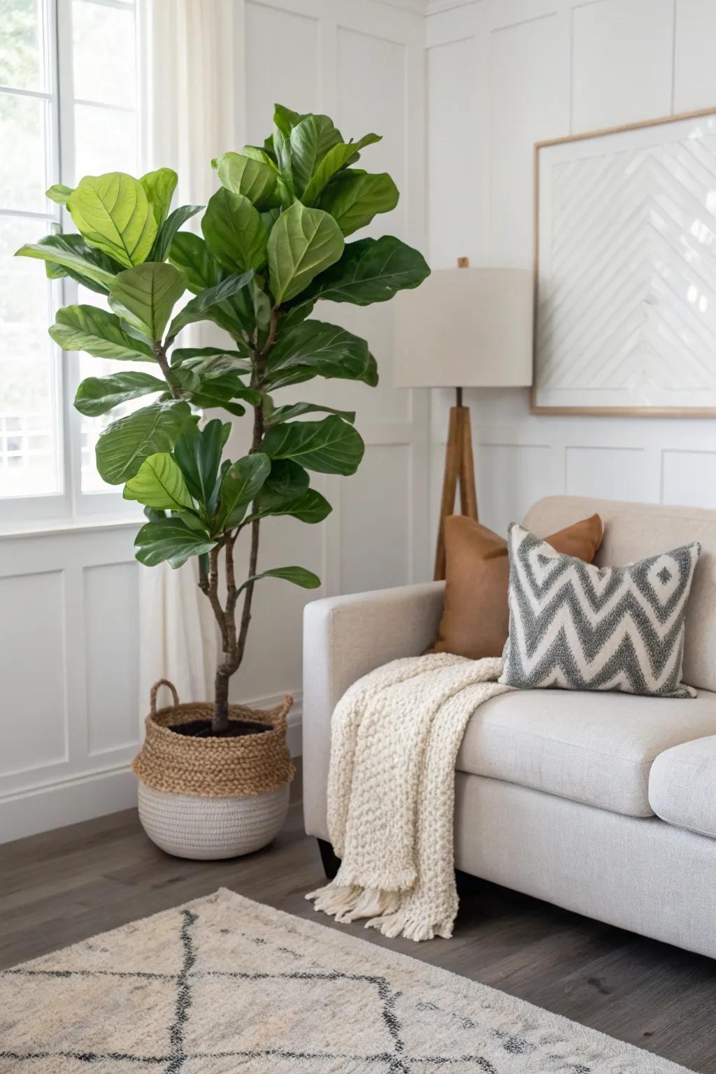 A Fiddle Leaf Fig complements the living room decor.