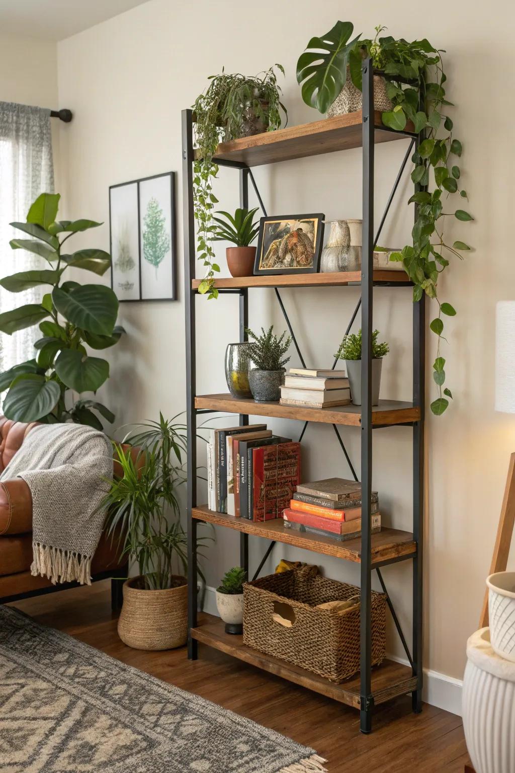 Mixed material shelves adding texture and interest.