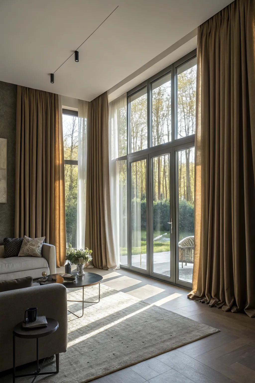 Floor-length curtains adding drama and elegance to a living room.