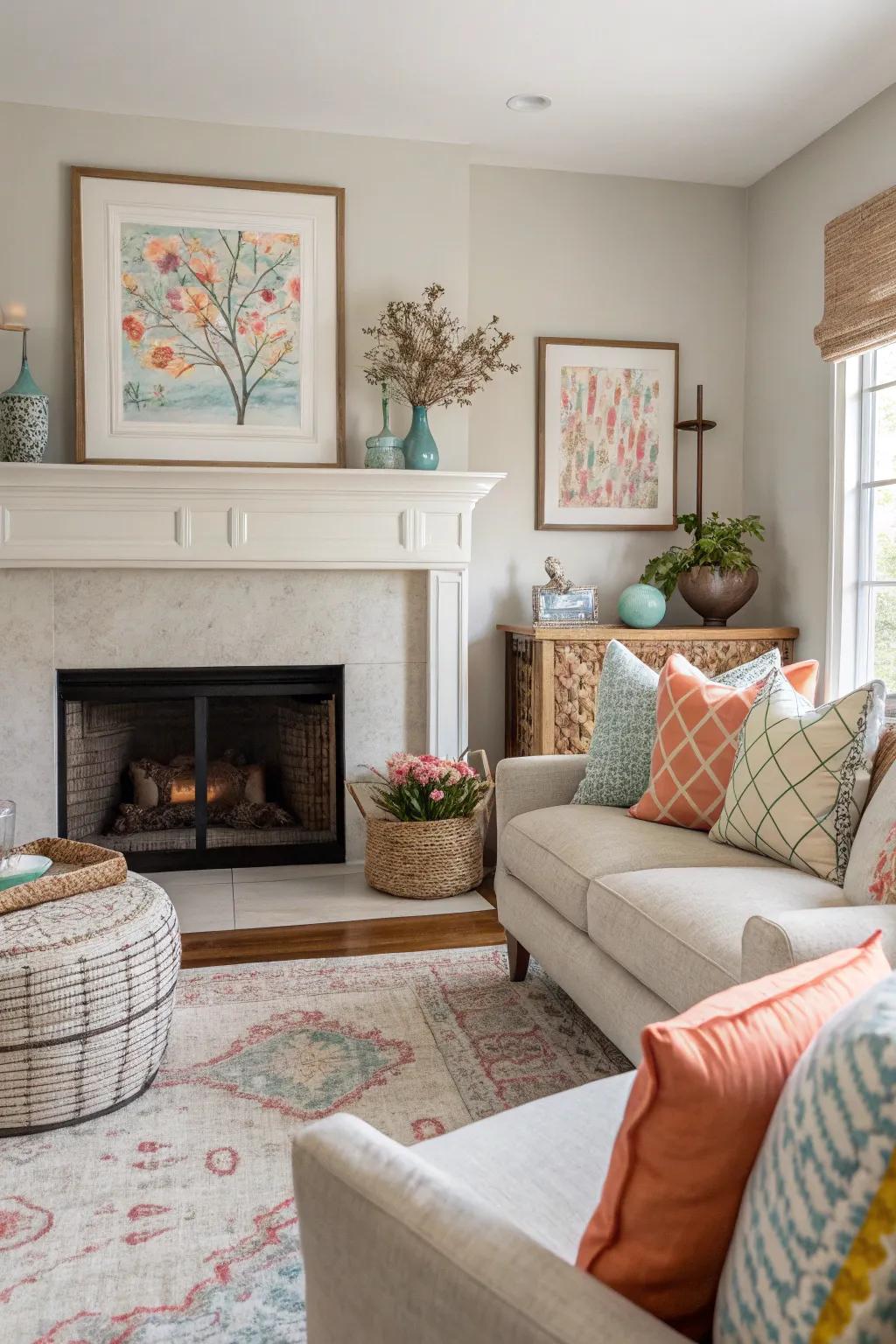 A neutral living room enhanced with colorful pillows and art around the fireplace.