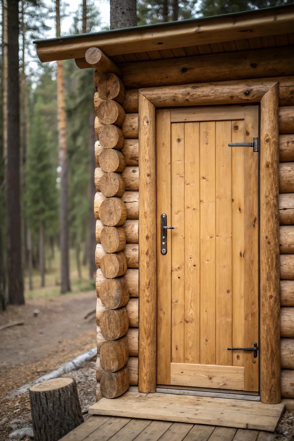 A traditional log cabin door with robust construction.