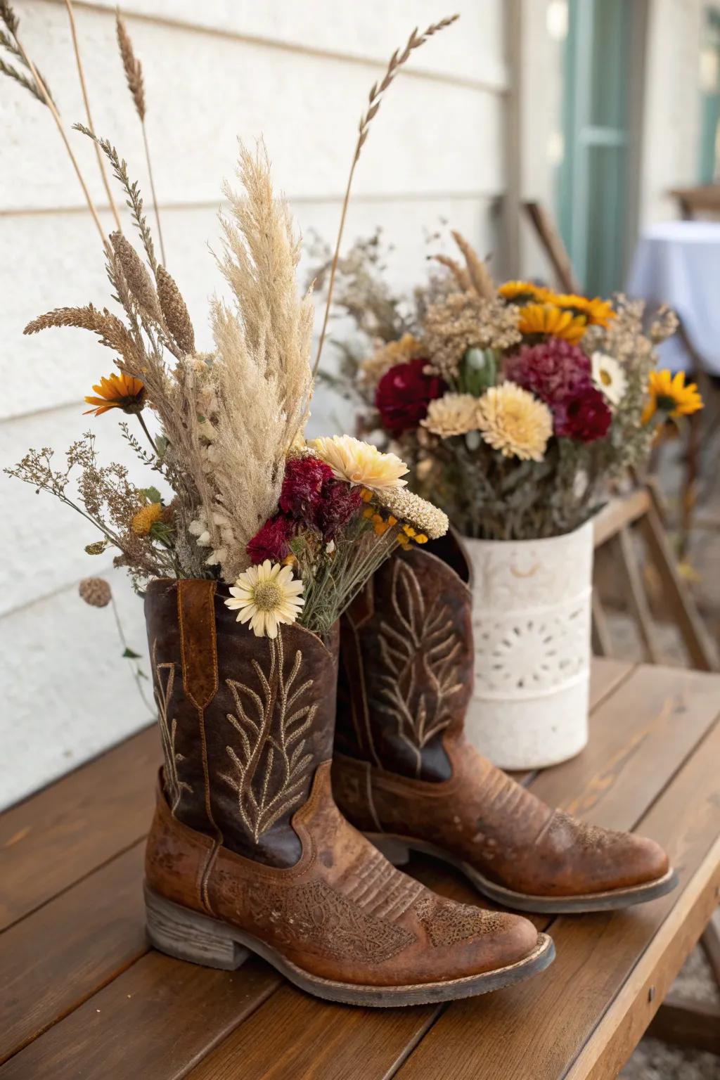 Cowboy boots repurposed as charming decorative vases.