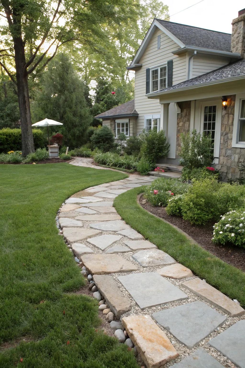 Hardscaping elements that define and organize a front yard.