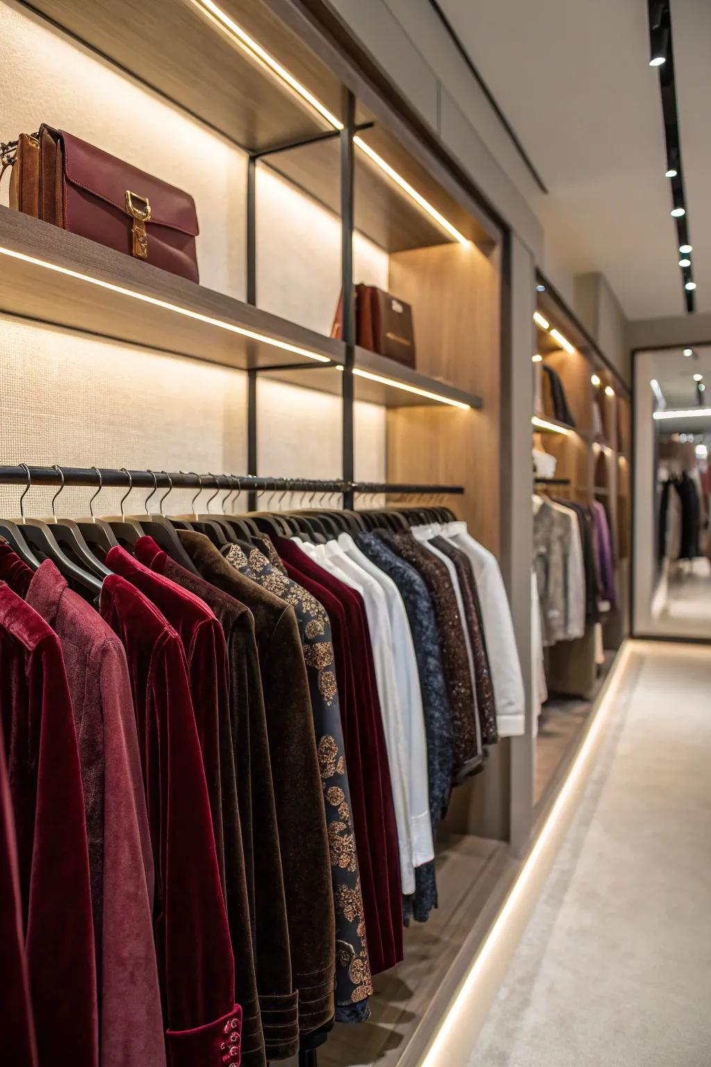 Rows of clothing perfectly aligned on matching velvet hangers.