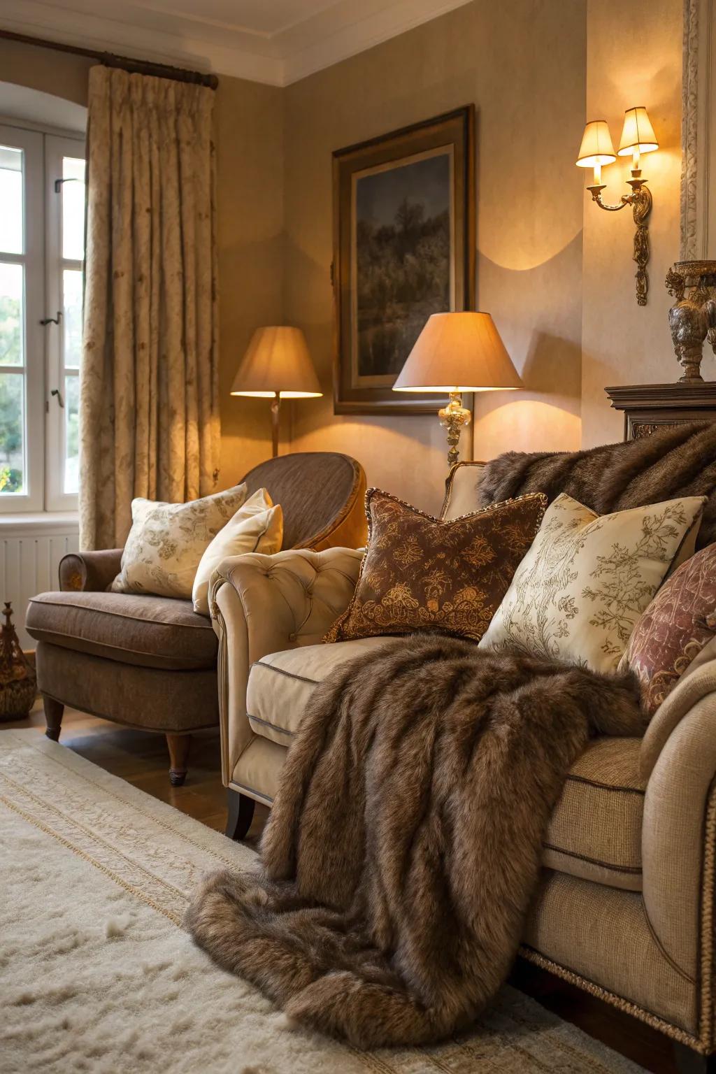 Rich textures such as fur and silk enhance the luxurious feel of this living room.