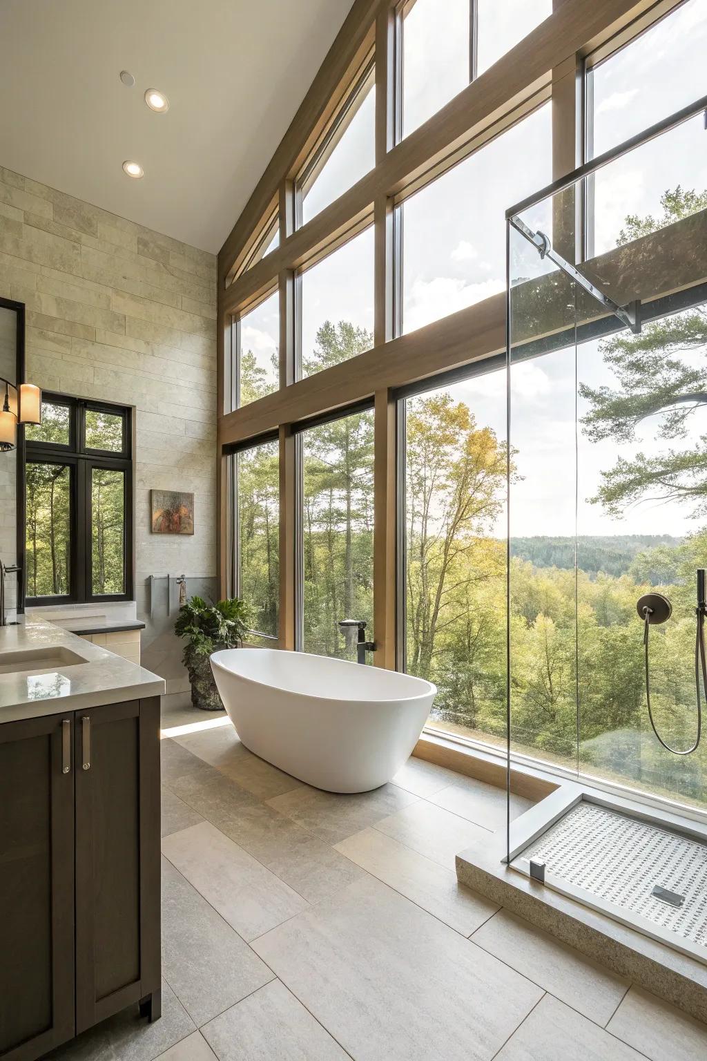 Large windows bring natural light and tranquility into the bathroom.