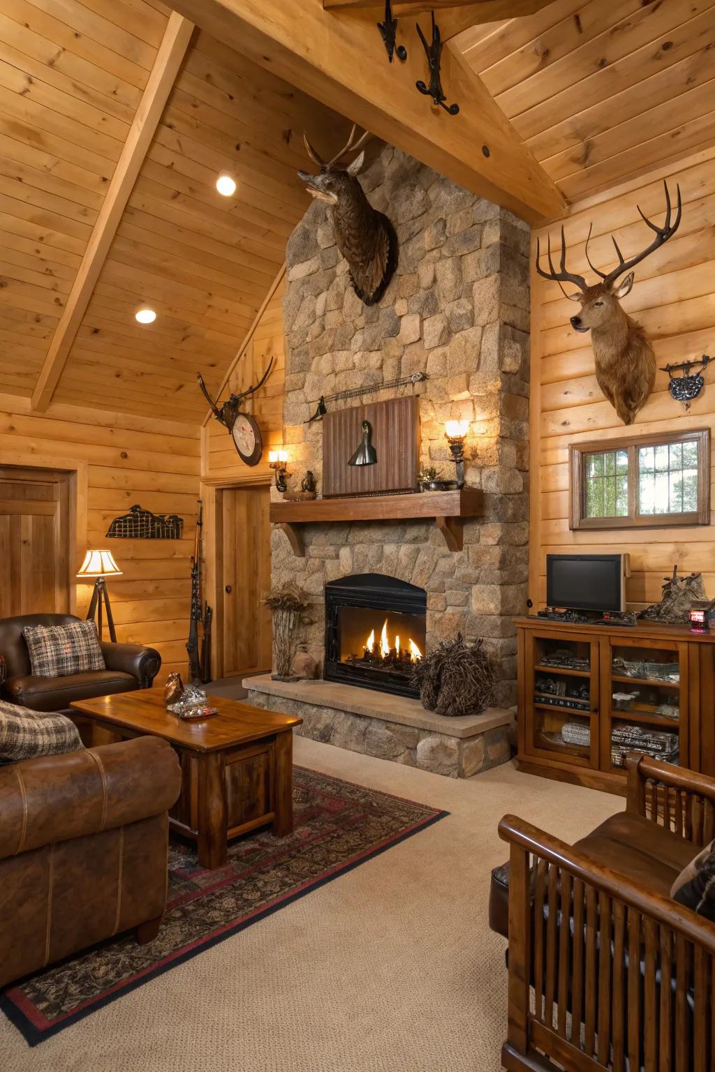 Embrace the warmth of a rustic hunting lodge man cave.