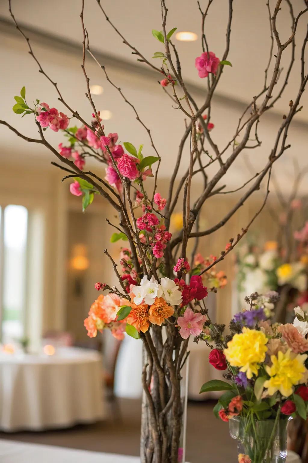 Fresh flowers add romance to this manzanita centerpiece.