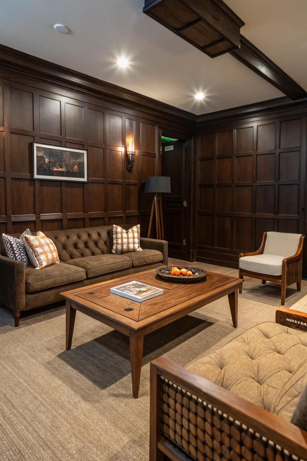 Dark wood paneling provides a warm and inviting backdrop.