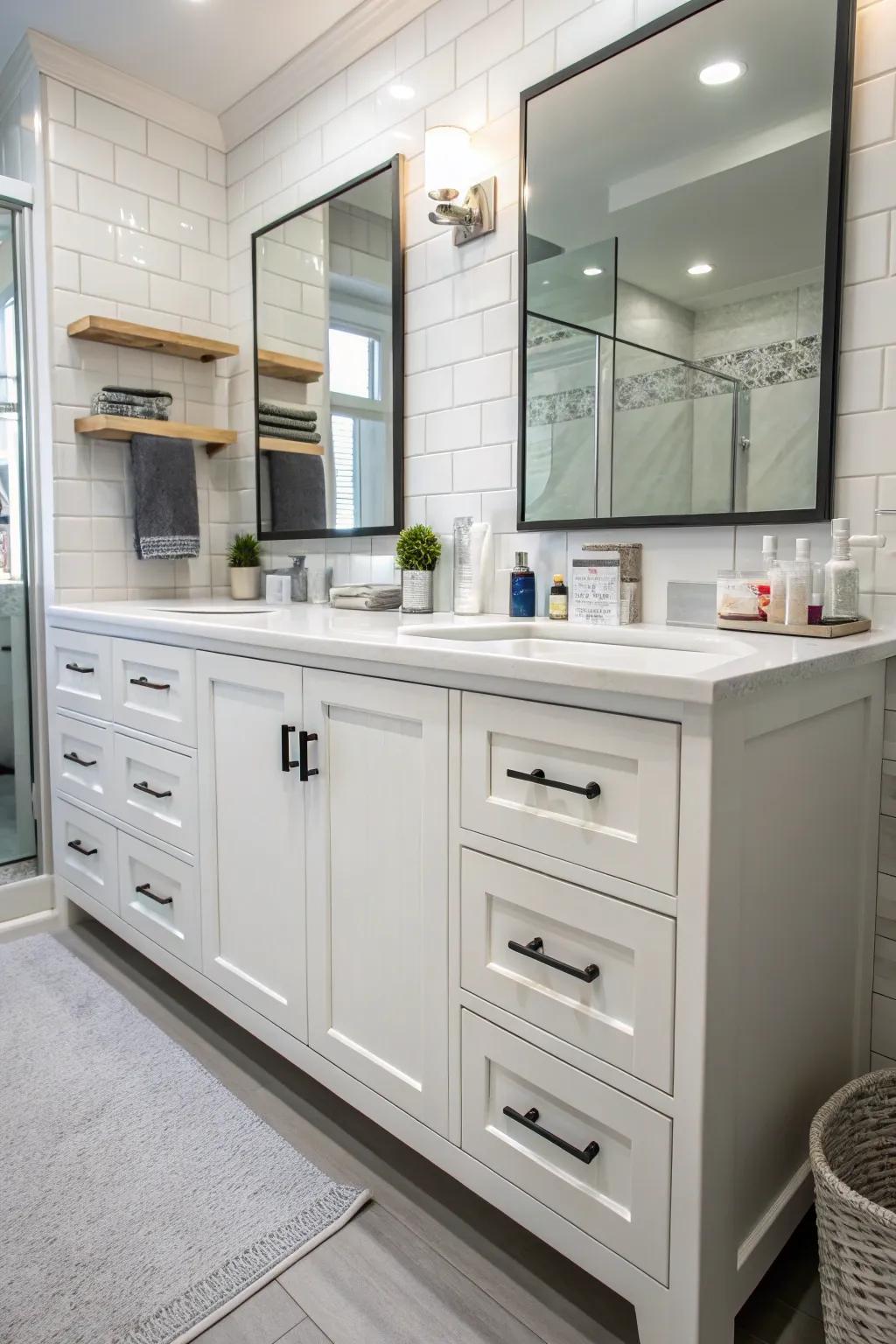 A bathroom vanity with multiple storage options including drawers and cabinets.