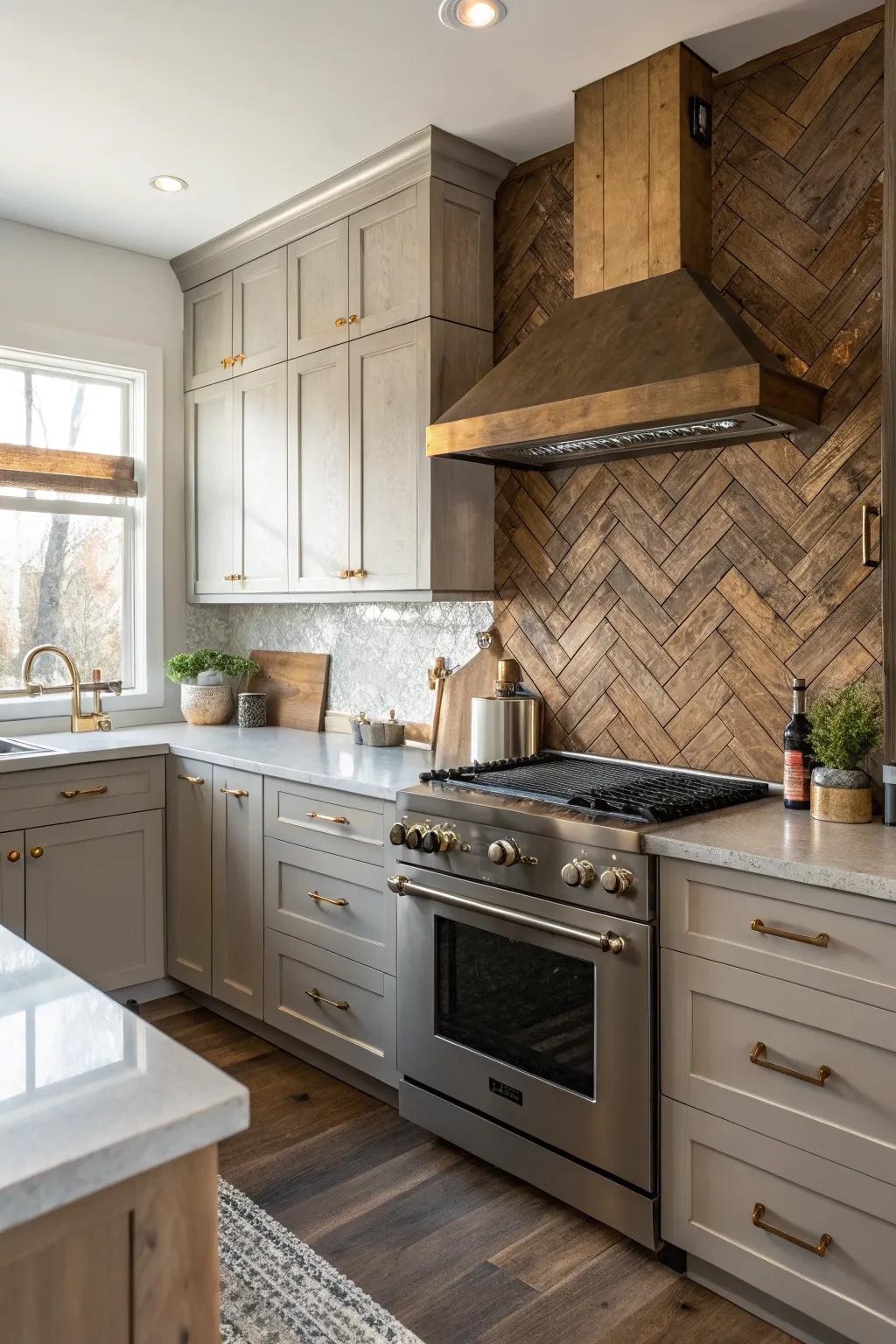 A kitchen featuring a mixed metal and wood backsplash.
