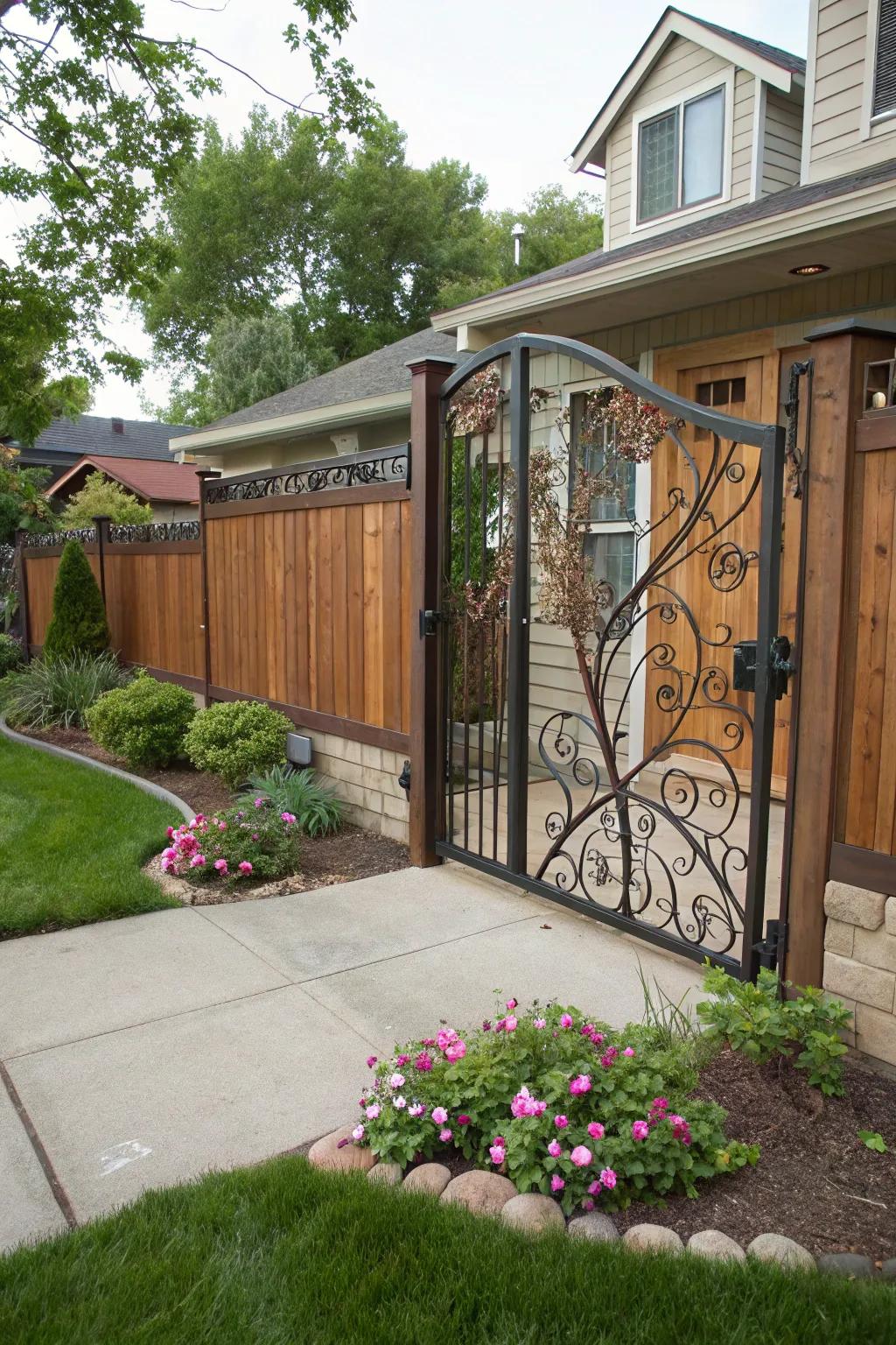 A metal and wood gate that beautifully balances modern and natural elements.