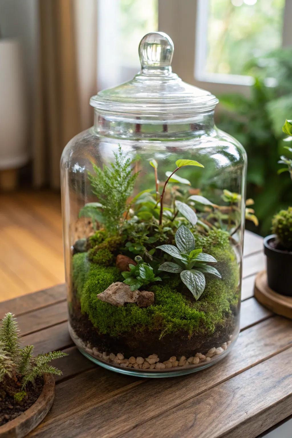 A captivating terrarium showcasing lush greenery and moss.