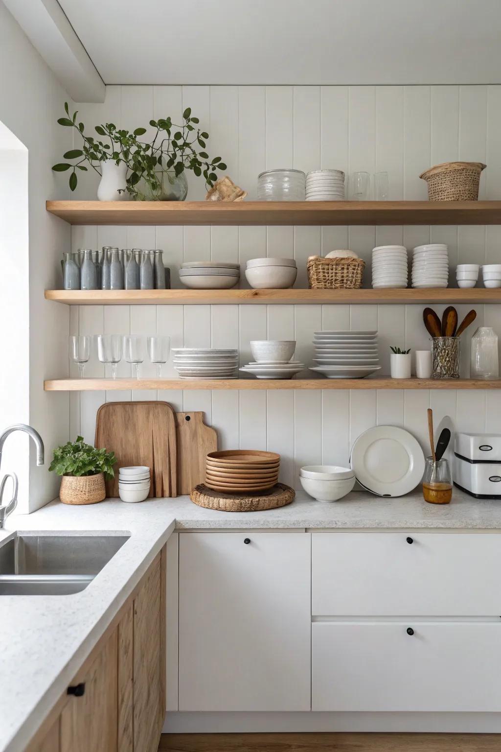 Open shelves in a minimalist kitchen, showcasing simplicity and elegance.