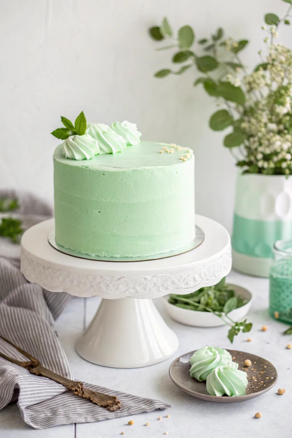 A minimalist mint green cake with a smooth buttercream finish.