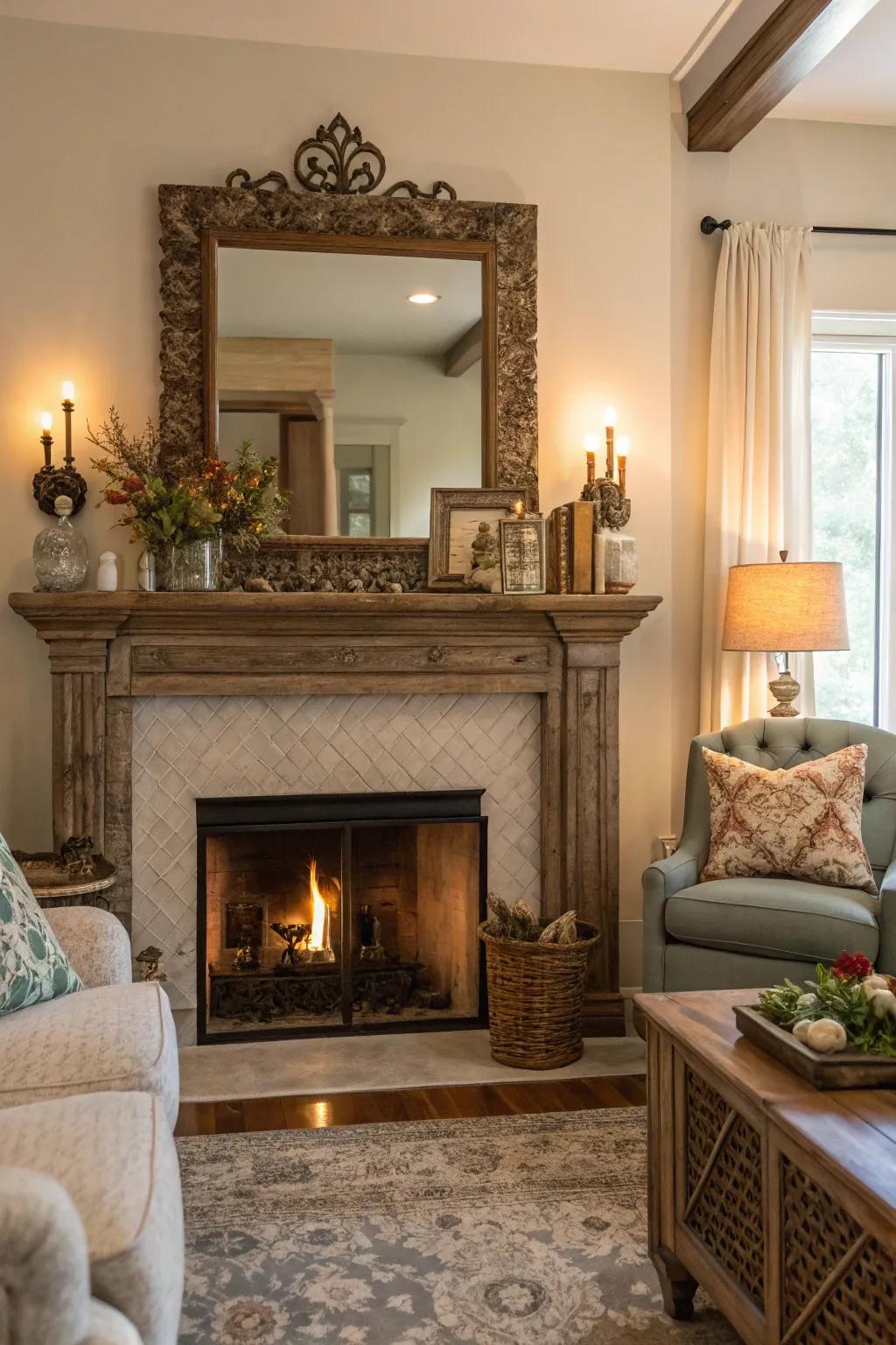 A mantel mirror enhances the warmth of the living room.