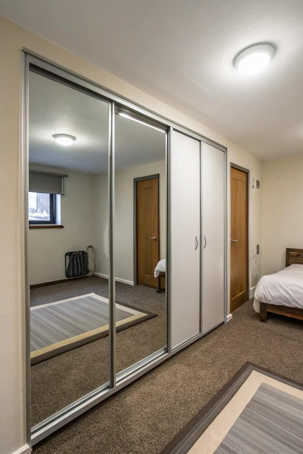 Sliding mirrored doors offer space-saving solutions.