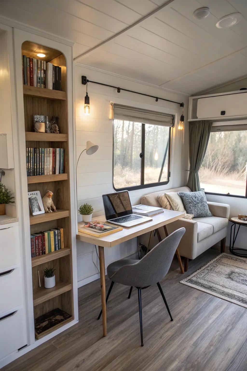 A chic home office with a desk and bookshelf, providing a dedicated workspace in a mobile home.