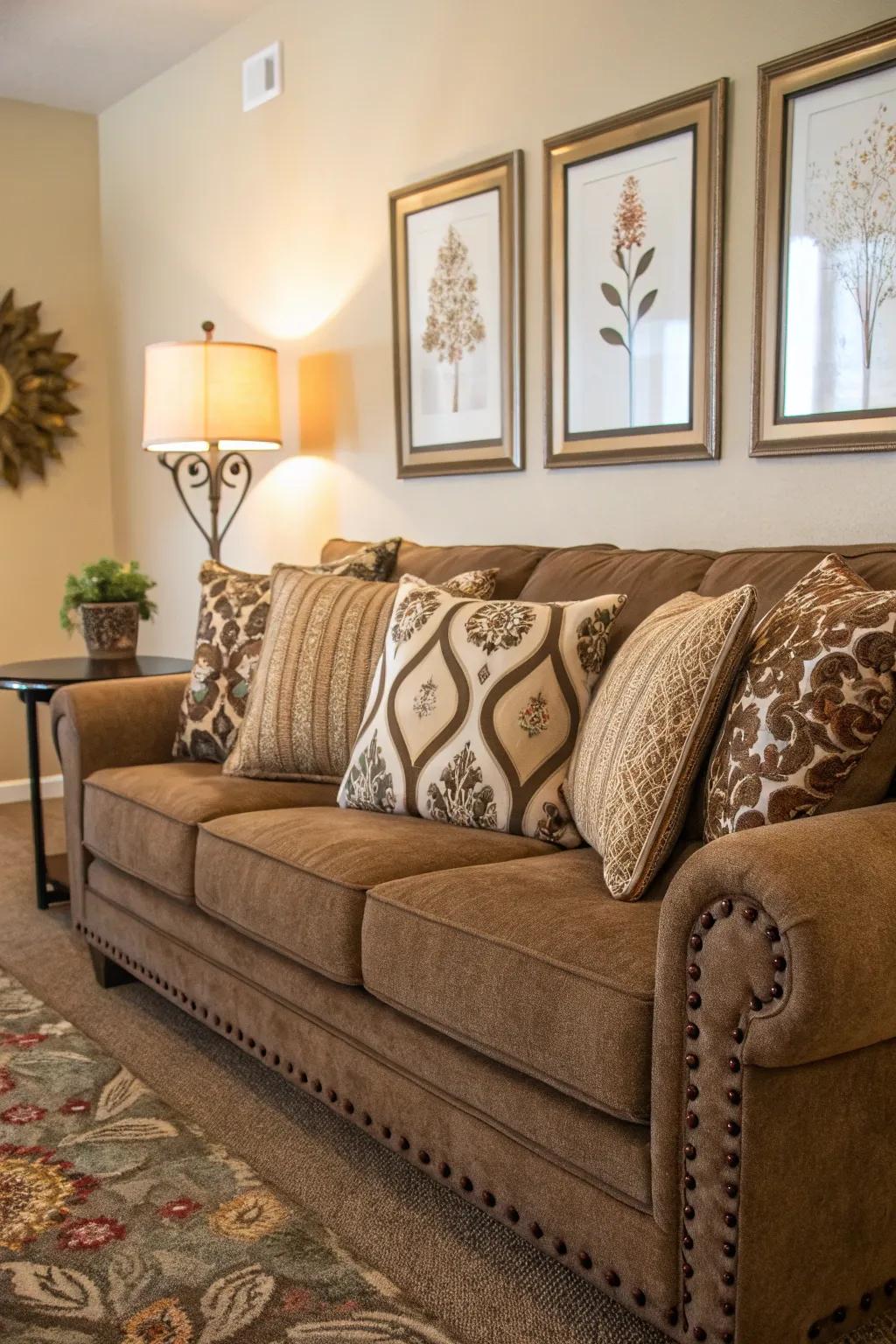 Decorative accents bring personality to the mocha couch area.