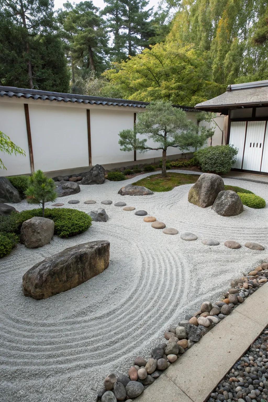 A serene Zen rock garden with meticulously arranged gravel.