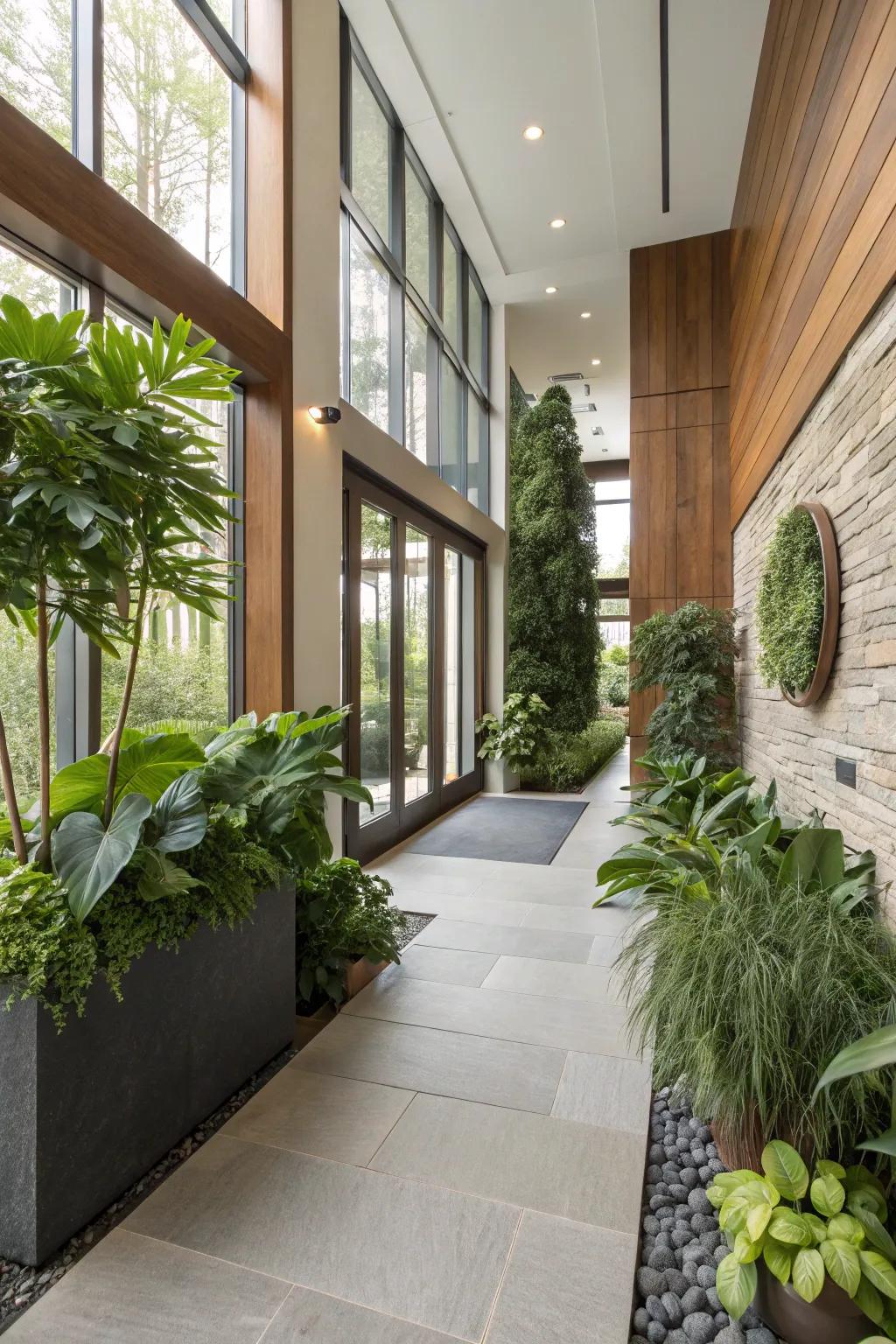 Greenery breathes life into a modern entryway.