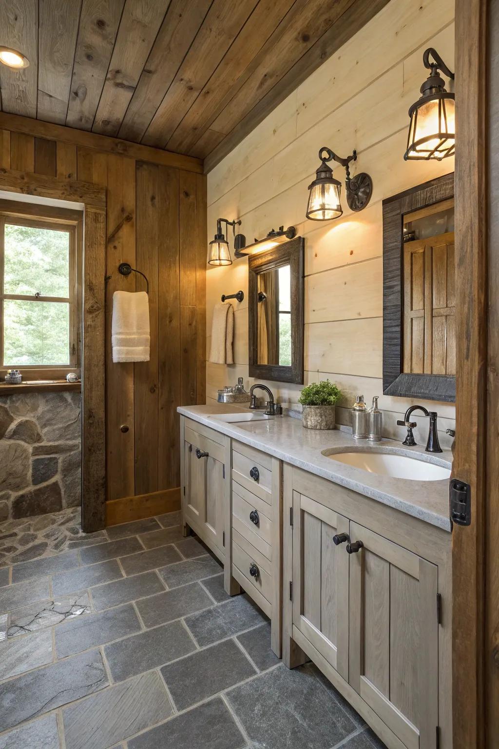 Industrial sconces add vintage charm to this modern bathroom.