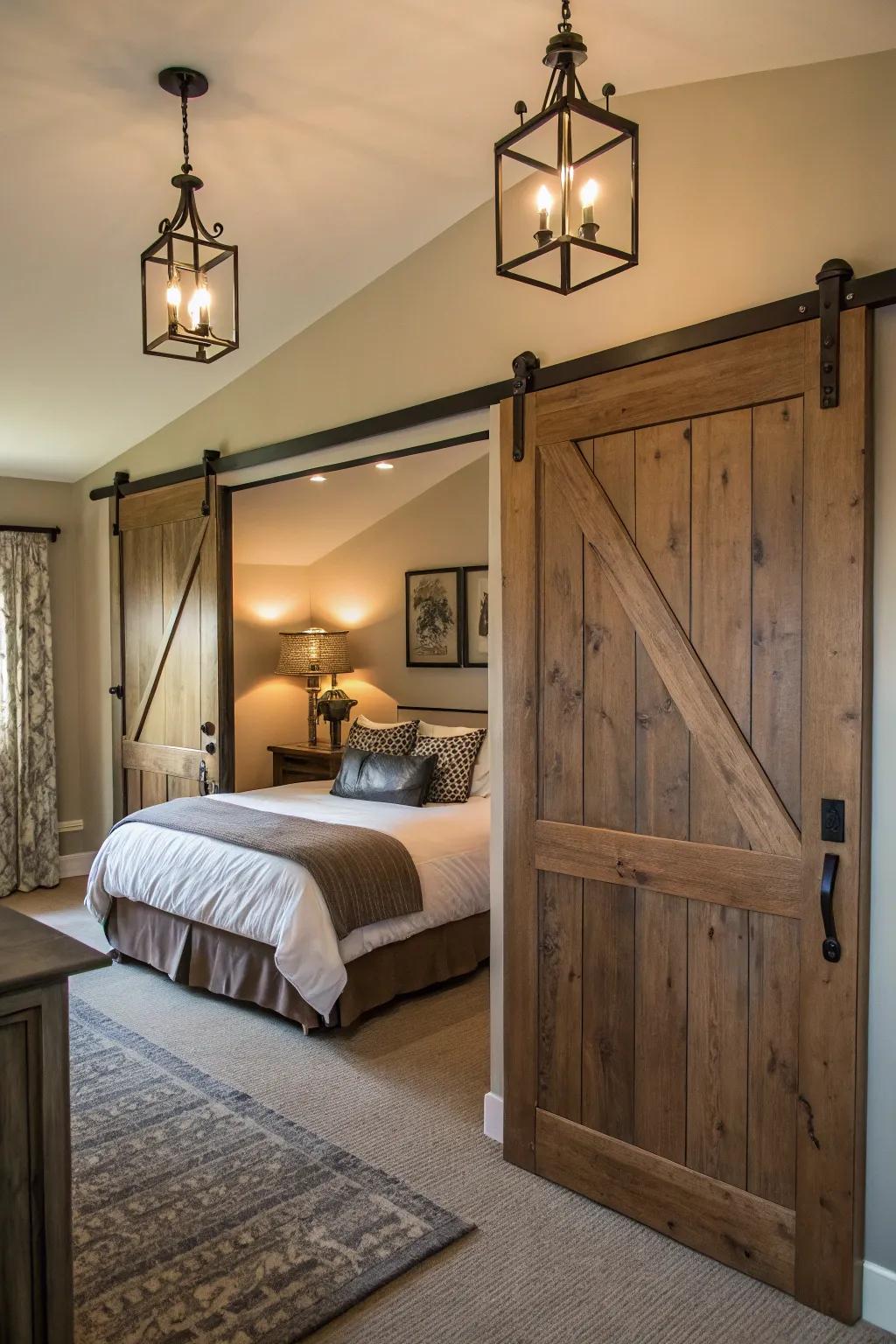 Farmhouse decor elements like barn doors add rustic elegance.