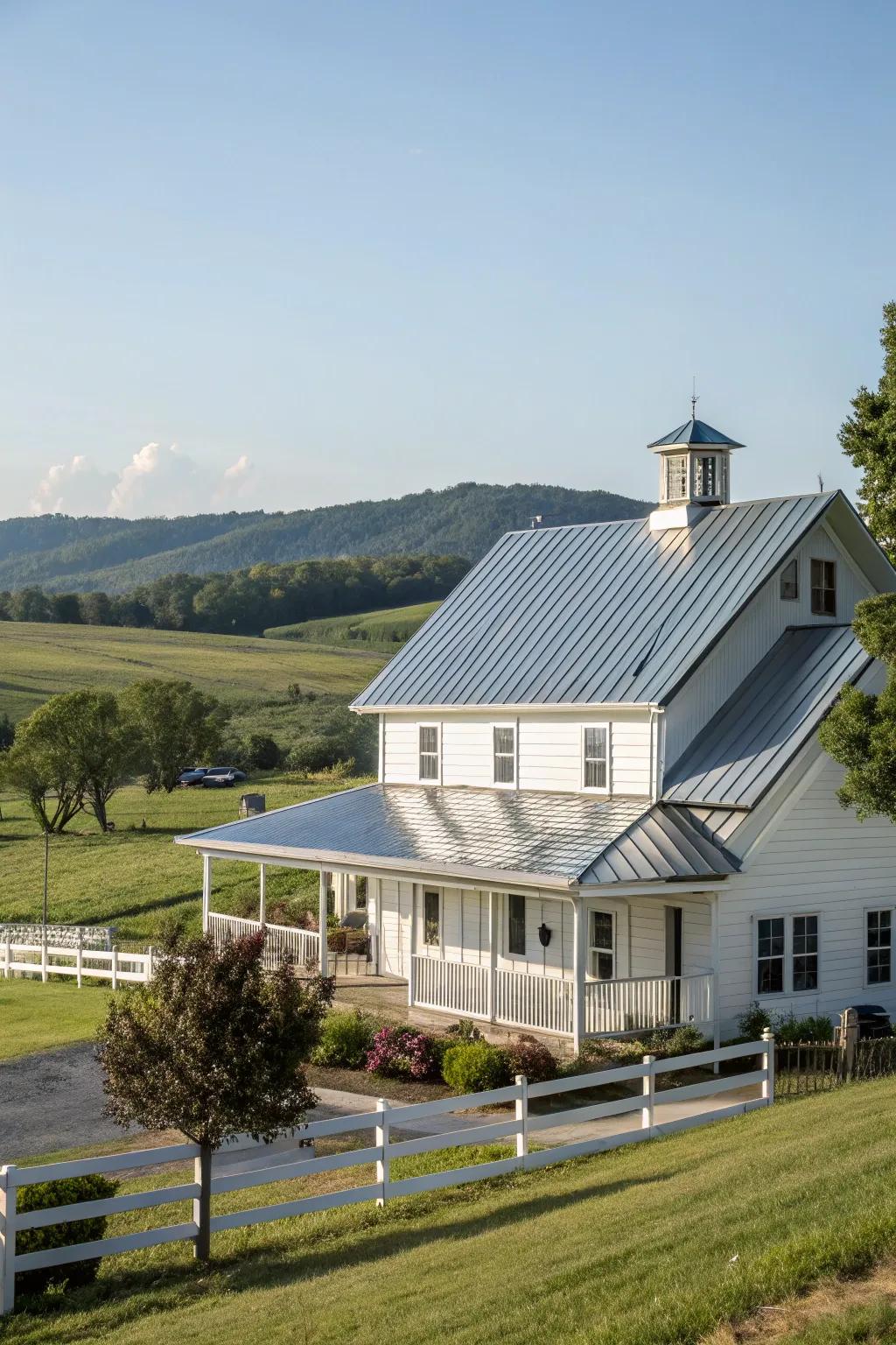 Sleek sophistication: A farmhouse with a standing seam metal roof.