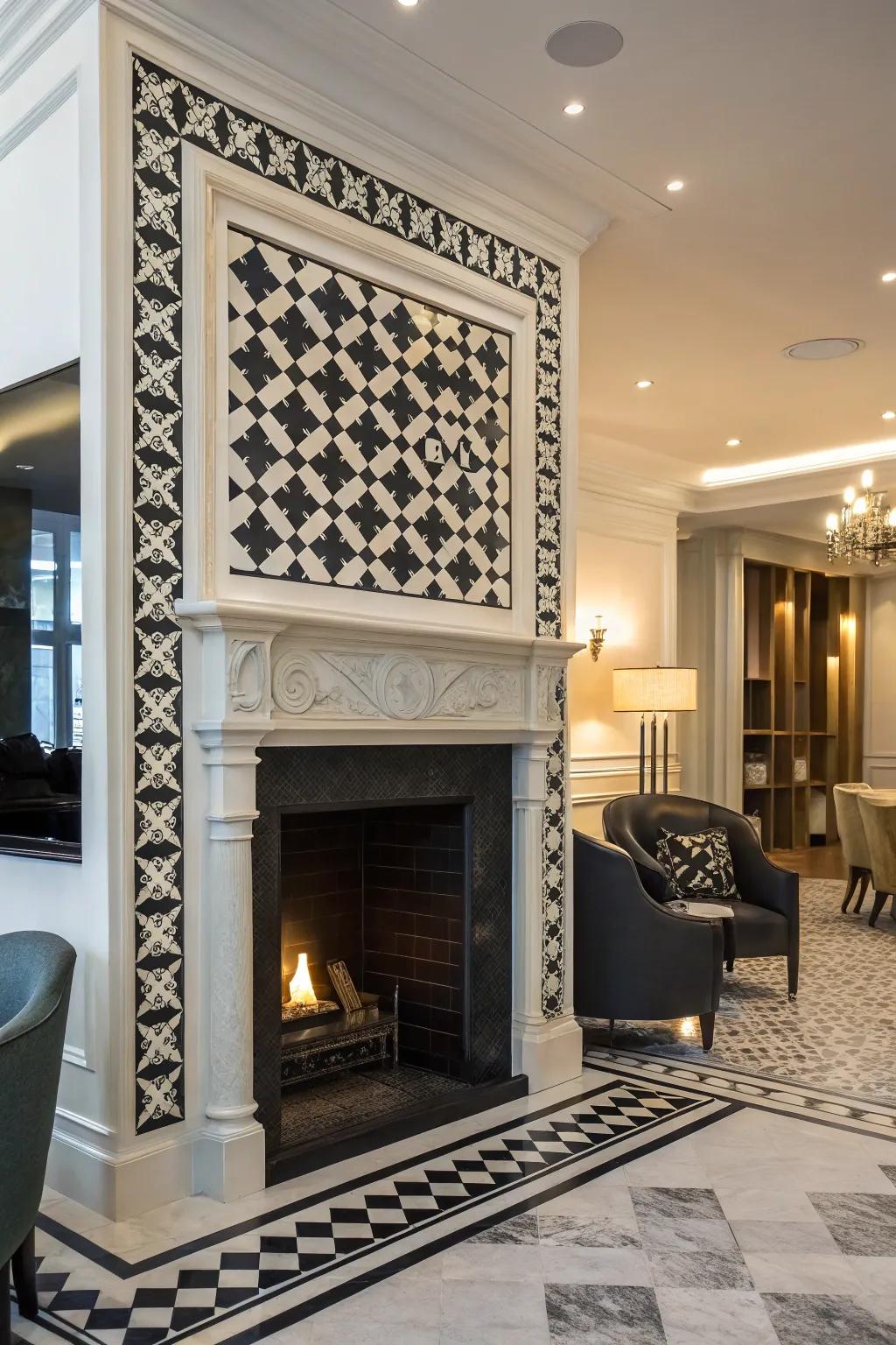 Contrasting black and white tile fireplace.