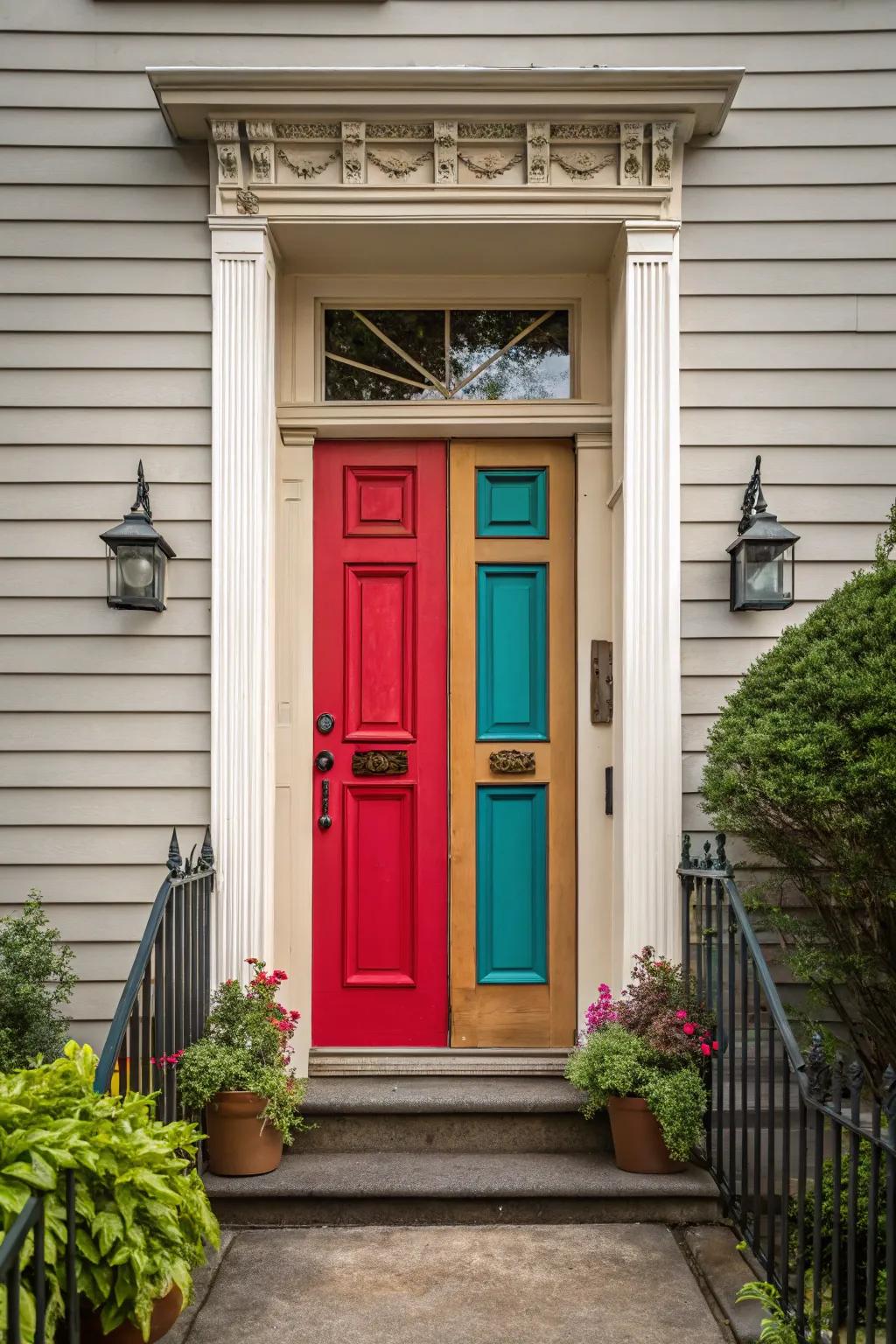 Create a striking entrance with contrasting door colors.