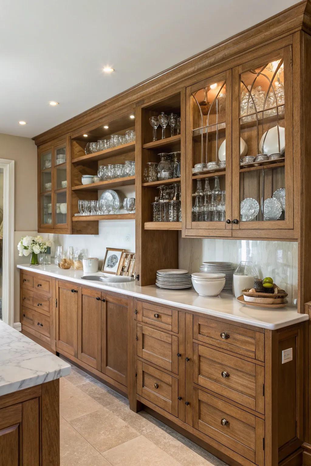 Open shelving complements the warm tones of oak cabinets, offering style and functionality.