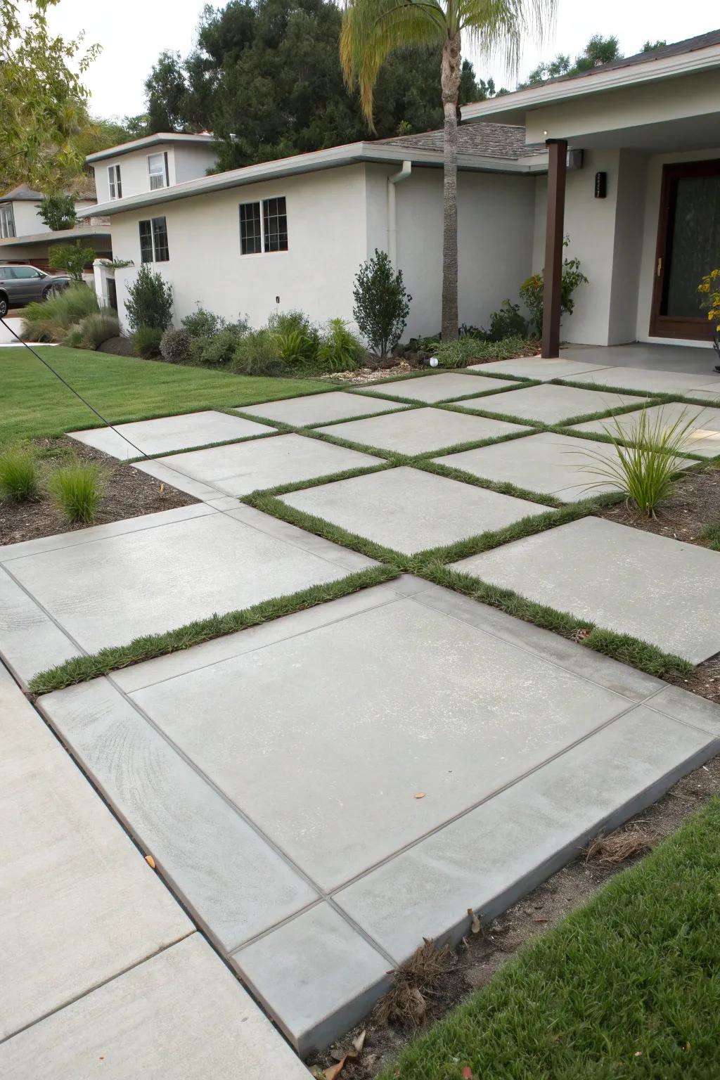 Large concrete slabs defining spaces in a modern front yard.