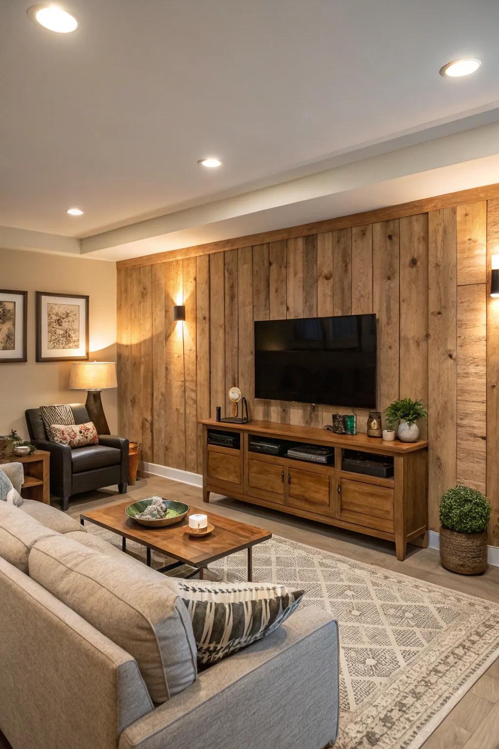 Natural wood paneling adds warmth and rustic elegance to a media wall.