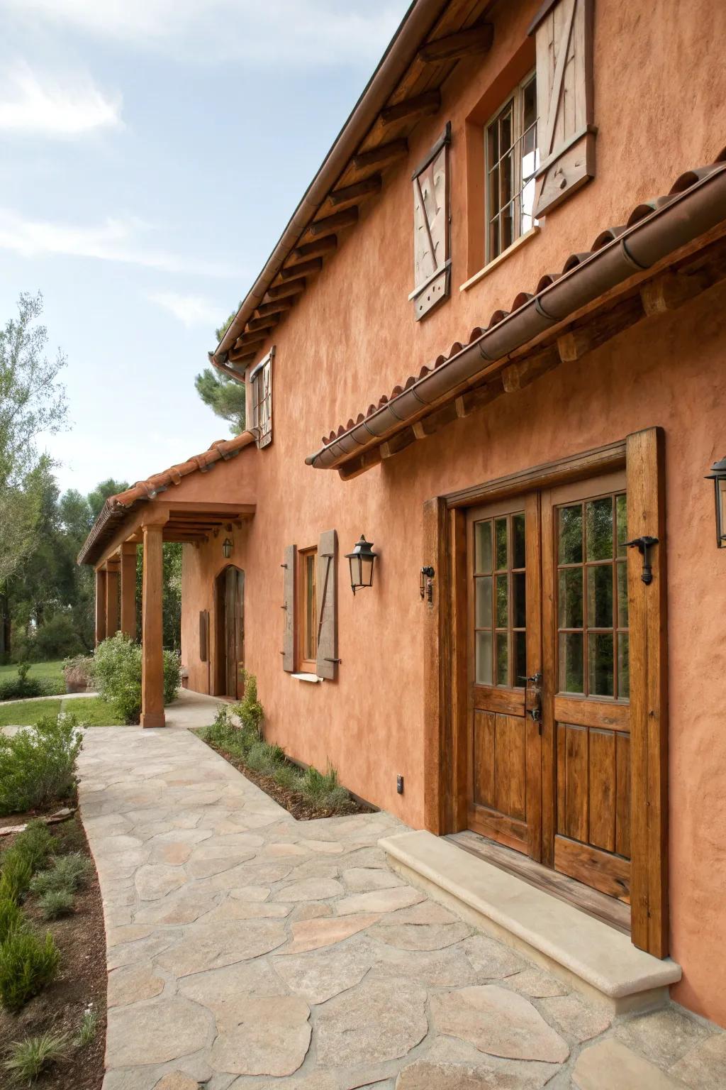 Warm terracotta stucco house with wooden details.