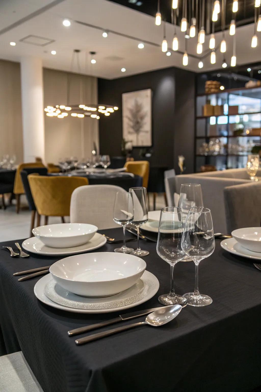 A bold black tablecloth creates a dramatic dining atmosphere.