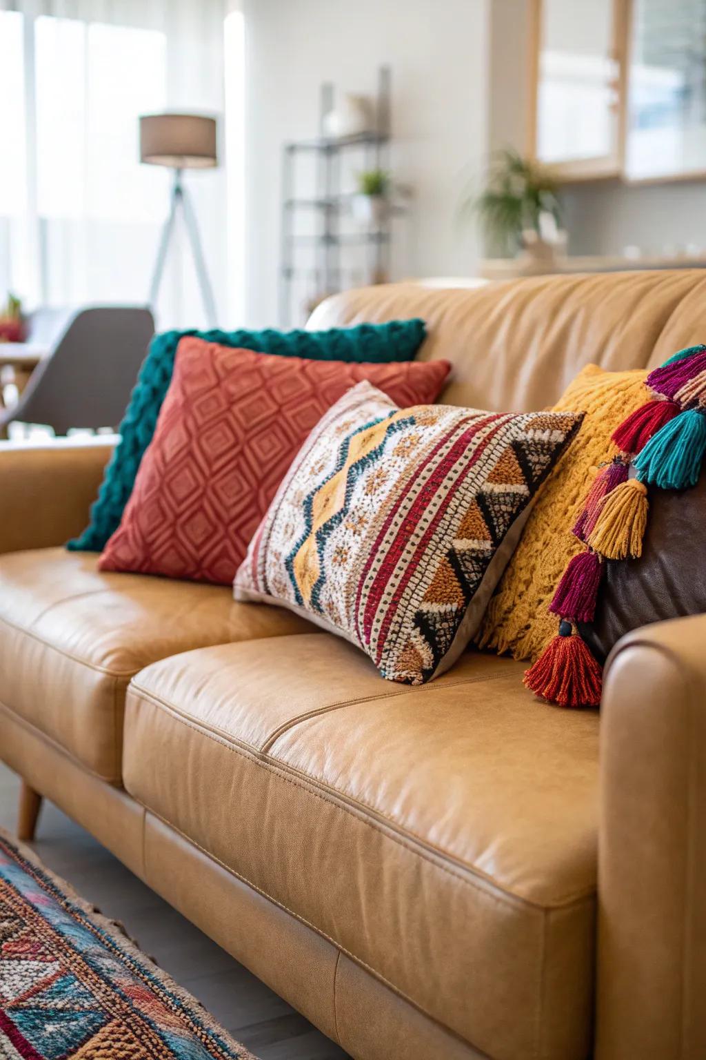 Vibrant accent pillows bring life to a tan leather sofa.