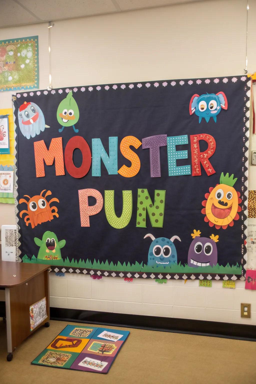 A pun-filled monster bulletin board that adds humor and charm to any space.