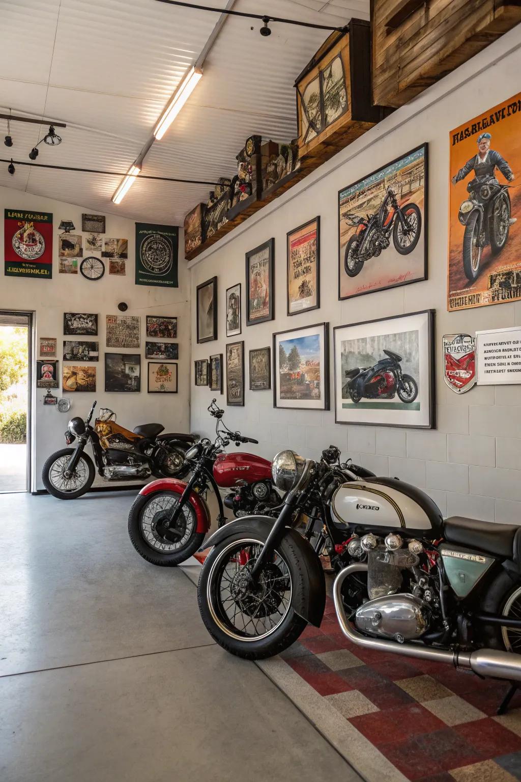 A garage transformed into a motorcycle gallery.