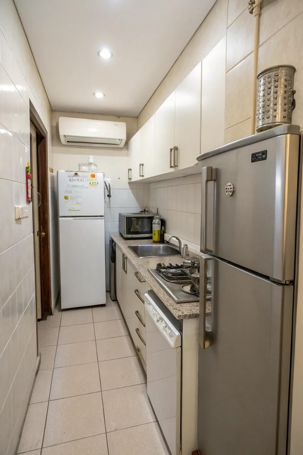 Compact appliances fit perfectly in a narrow kitchen layout.