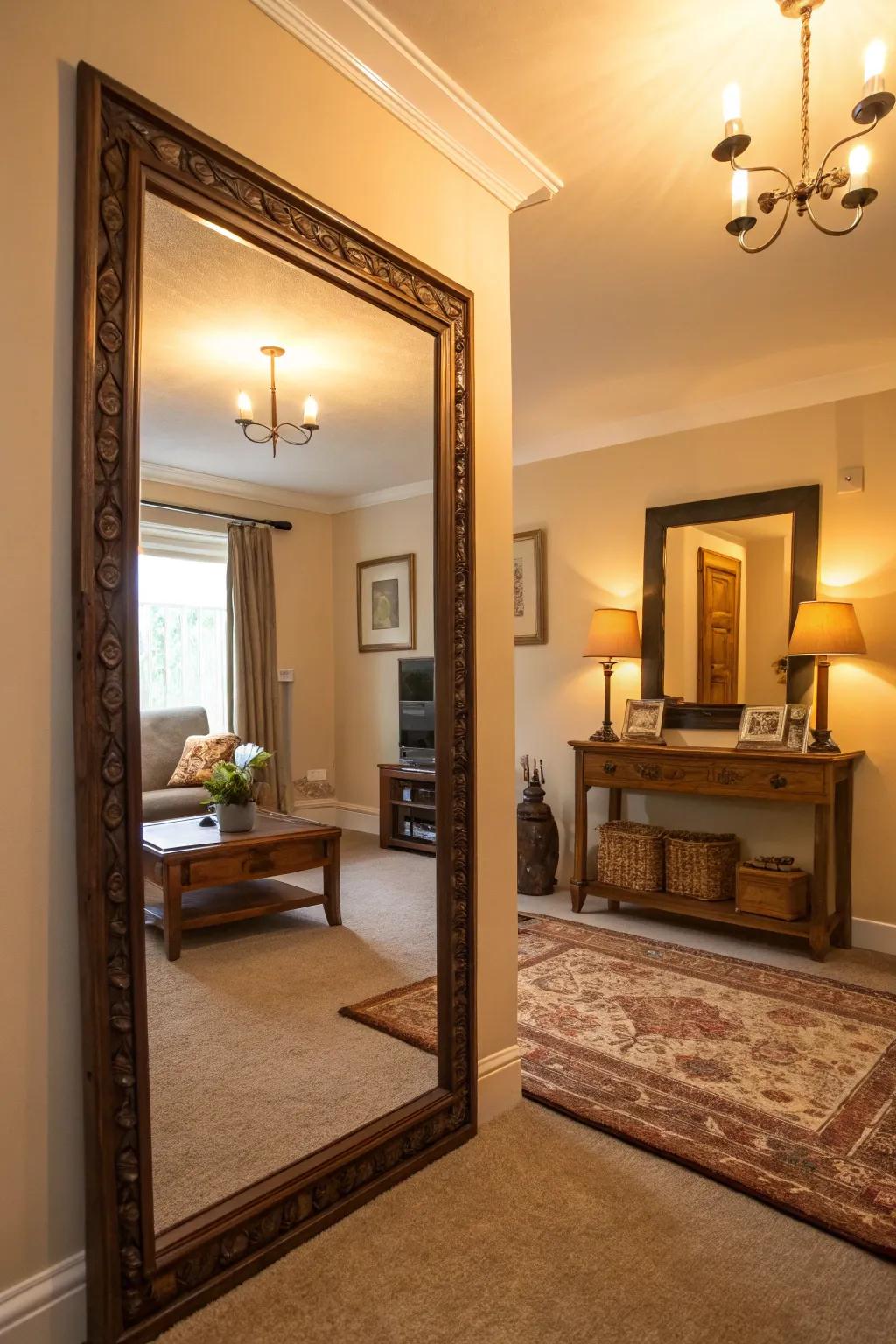 A strategically placed large mirror enhancing the width of a narrow living room.