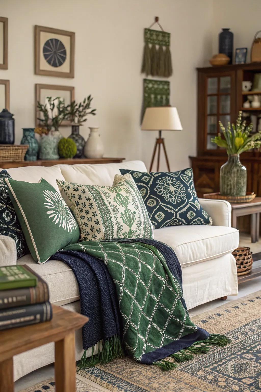 Patterned cushions bring life to a navy and green palette.