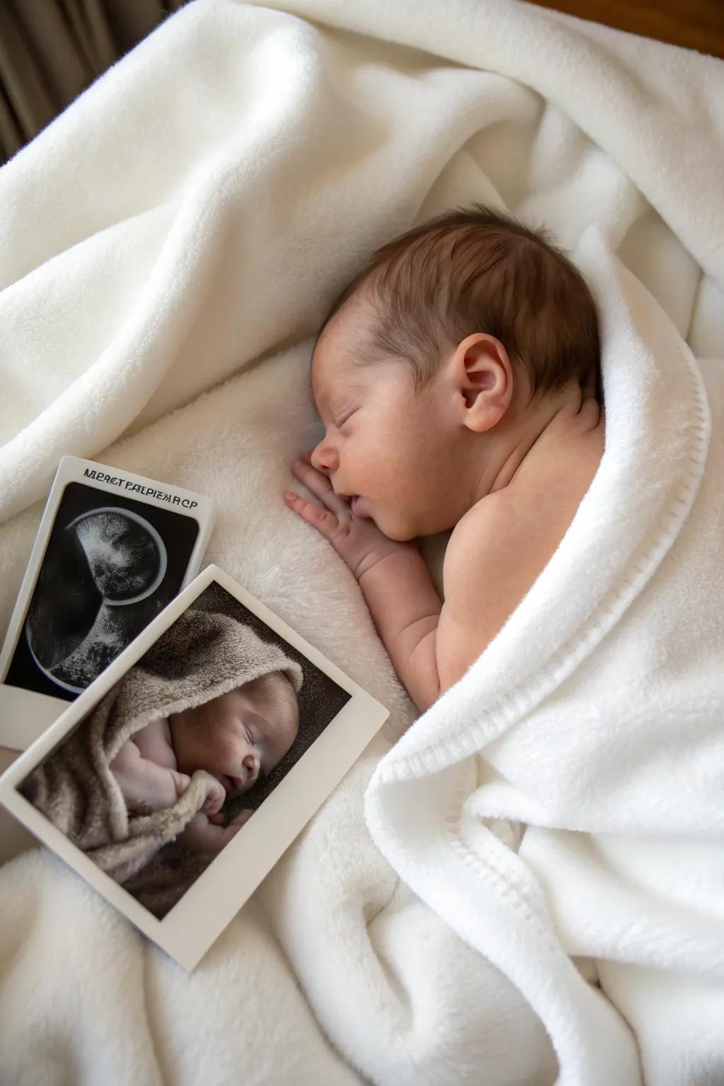 A newborn with their ultrasound photo, a journey of life.