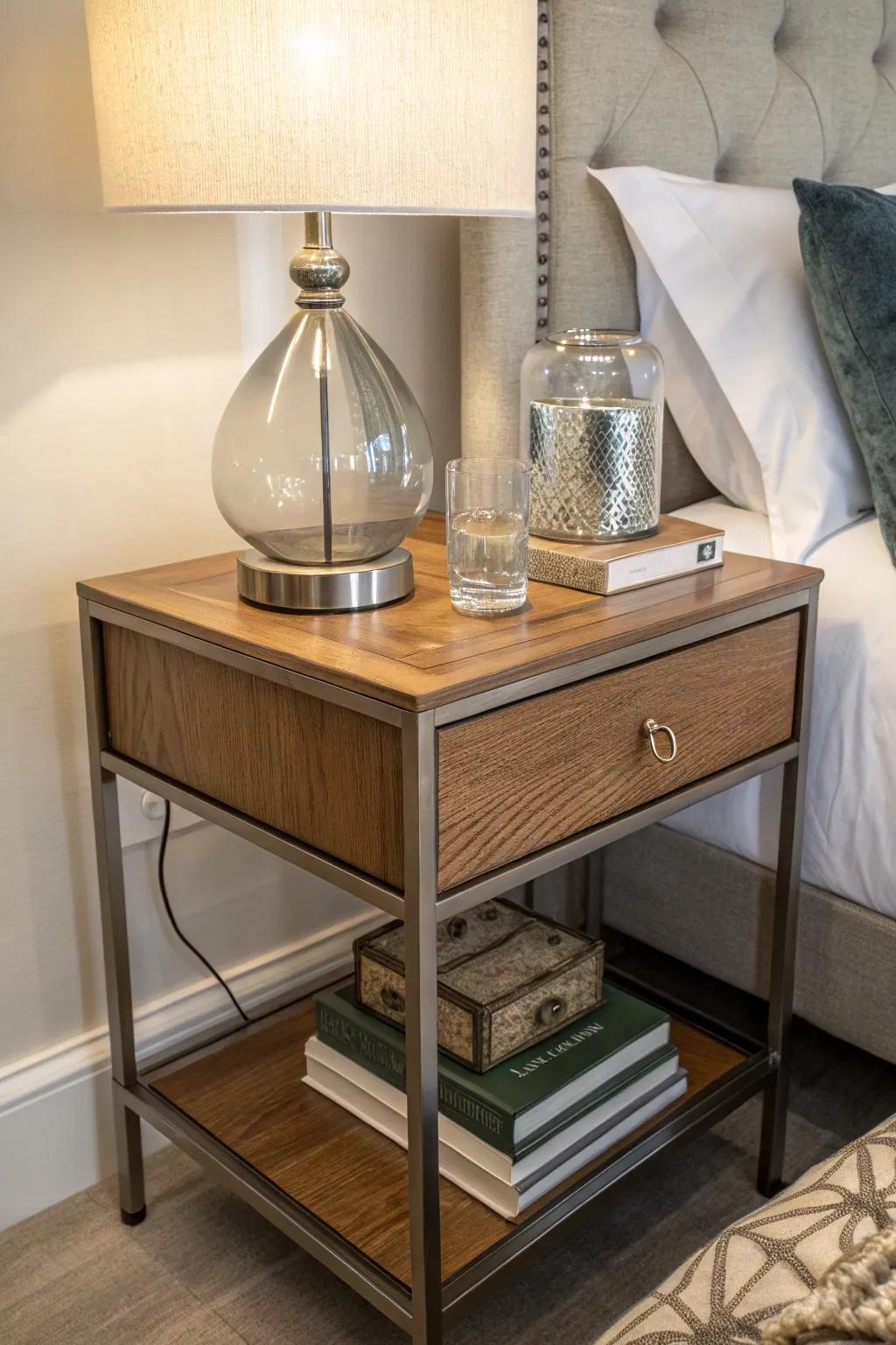 Create visual interest by blending different materials in your nightstand design.